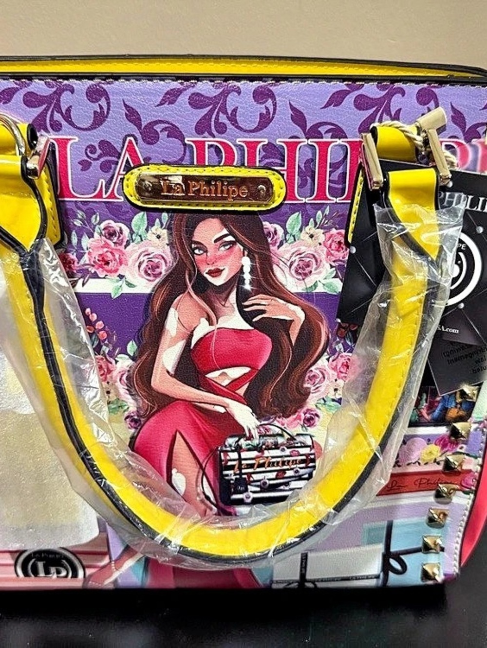 La Philipe Bold Beauty Satchel Handbag Floral Tote Pink & Purple NWT
